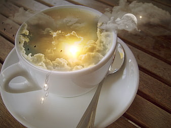 Surreal coffee cup with sky, clouds, sun, and moon inside