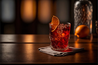 Negroni cocktail with orange slice on wooden bar