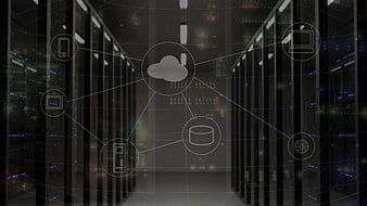 Cloud Computing Network Diagram Over Server Room Background