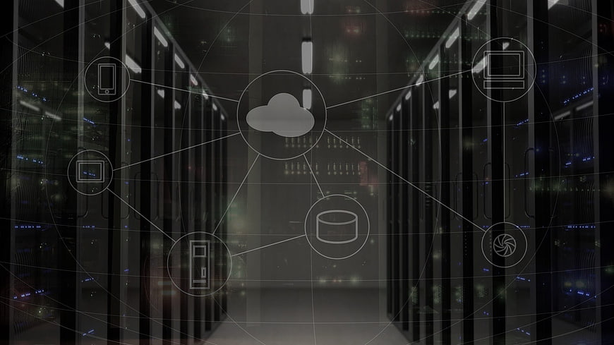 Cloud Computing Network Diagram Over Server Room Background