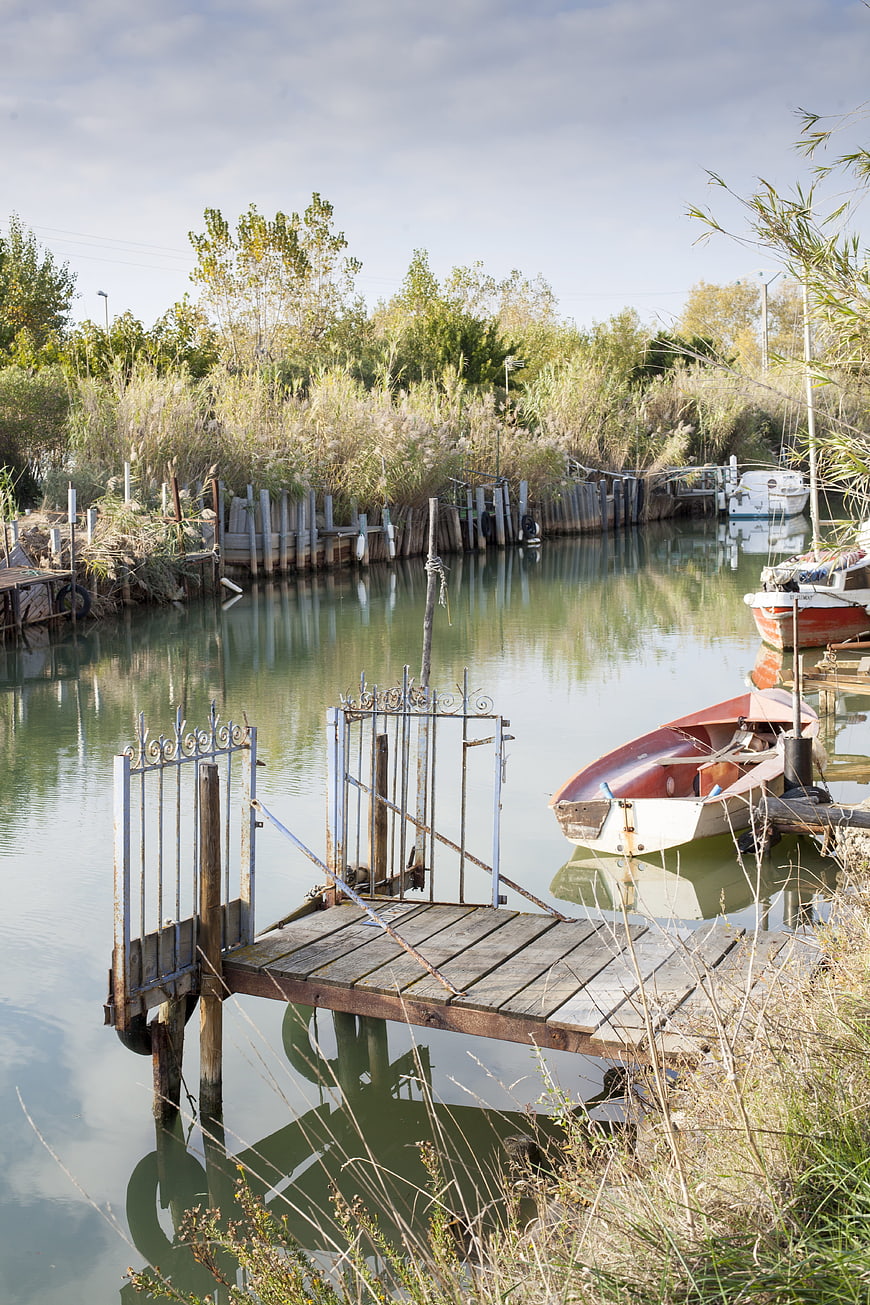 Rustic wooden dock with small boats in a calm canal