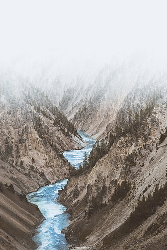 Misty Mountain River Canyon Landscape with Blue Water