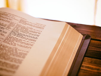 Close-up of Open Bible on Wooden Table