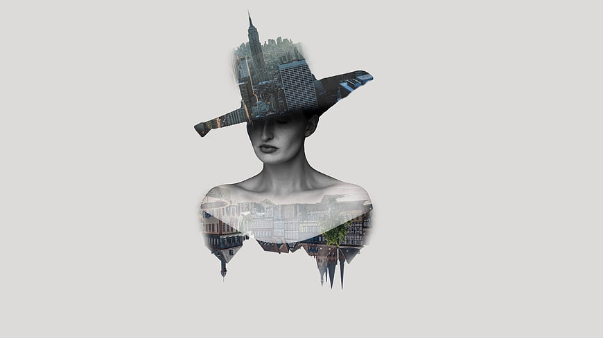 Double Exposure Woman with Cityscape and Hat