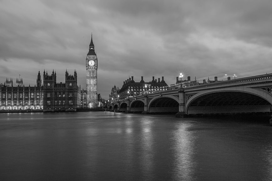 Black and white long exposure of Big Ben and Westminster Bridge