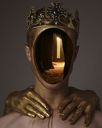 Conceptual Portrait of Golden Figure Wearing Crown With Hollow Face