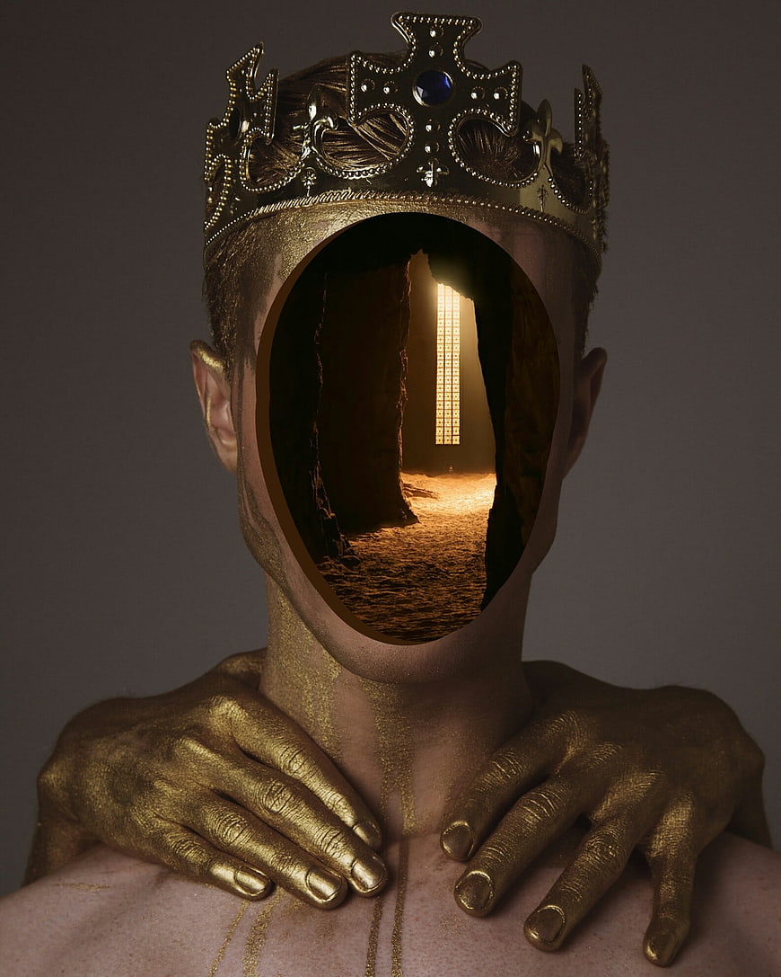 Conceptual Portrait of Golden Figure Wearing Crown With Hollow Face