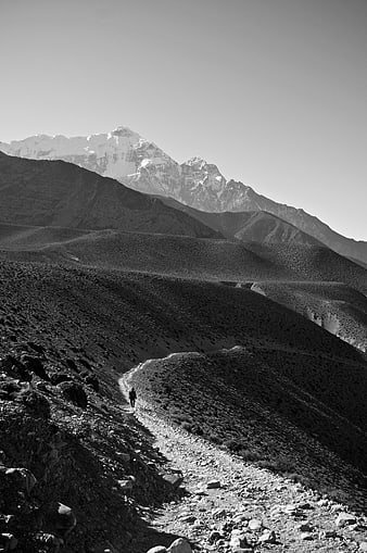 Lone Hiker Walking Mountain Trail Black and White