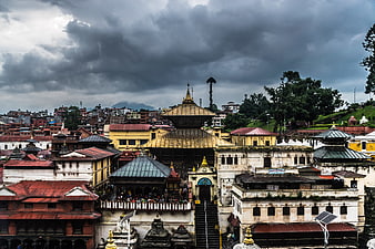 Pashupatinath Temple Complex in Kathmandu, Nepal Under Dramatic Stormy Sky