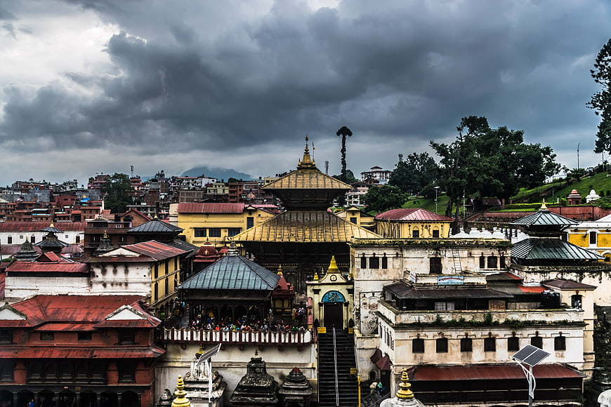 Pashupatinath Temple Complex in Kathmandu, Nepal Under Dramatic Stormy Sky