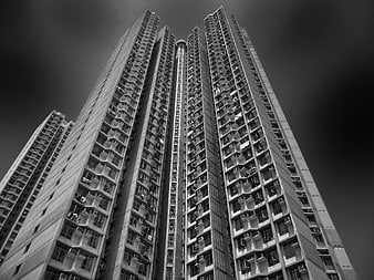 Dramatic Black and White Low Angle View of Hong Kong High-Rise Apartment Building