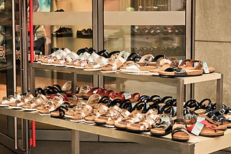 Display of Women's Sandals in Shoe Store Window