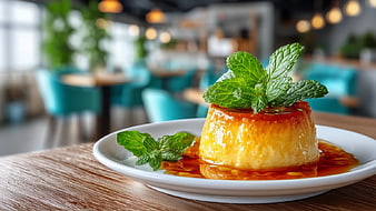 Creamy Caramel Flan Dessert with Mint Garnish on White Plate