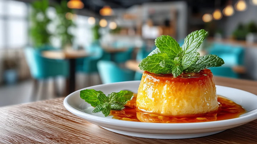 Creamy Caramel Flan Dessert with Mint Garnish on White Plate