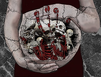 Dark surreal illustration of cracked hands holding skeletons