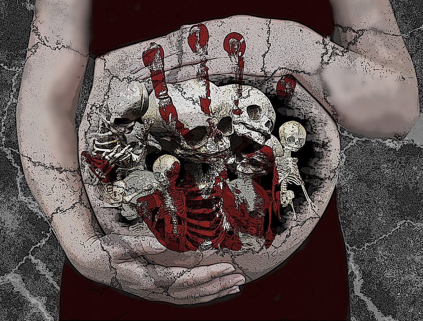 Dark surreal illustration of cracked hands holding skeletons