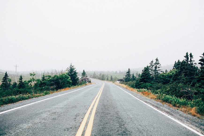 Empty asphalt road winding through foggy forest landscape