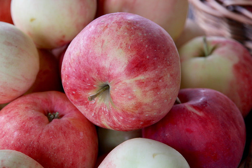 Close-up of fresh red and yellow apples in a basket