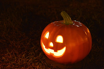 Glowing Halloween Jack-O'-Lantern on Grass at Night