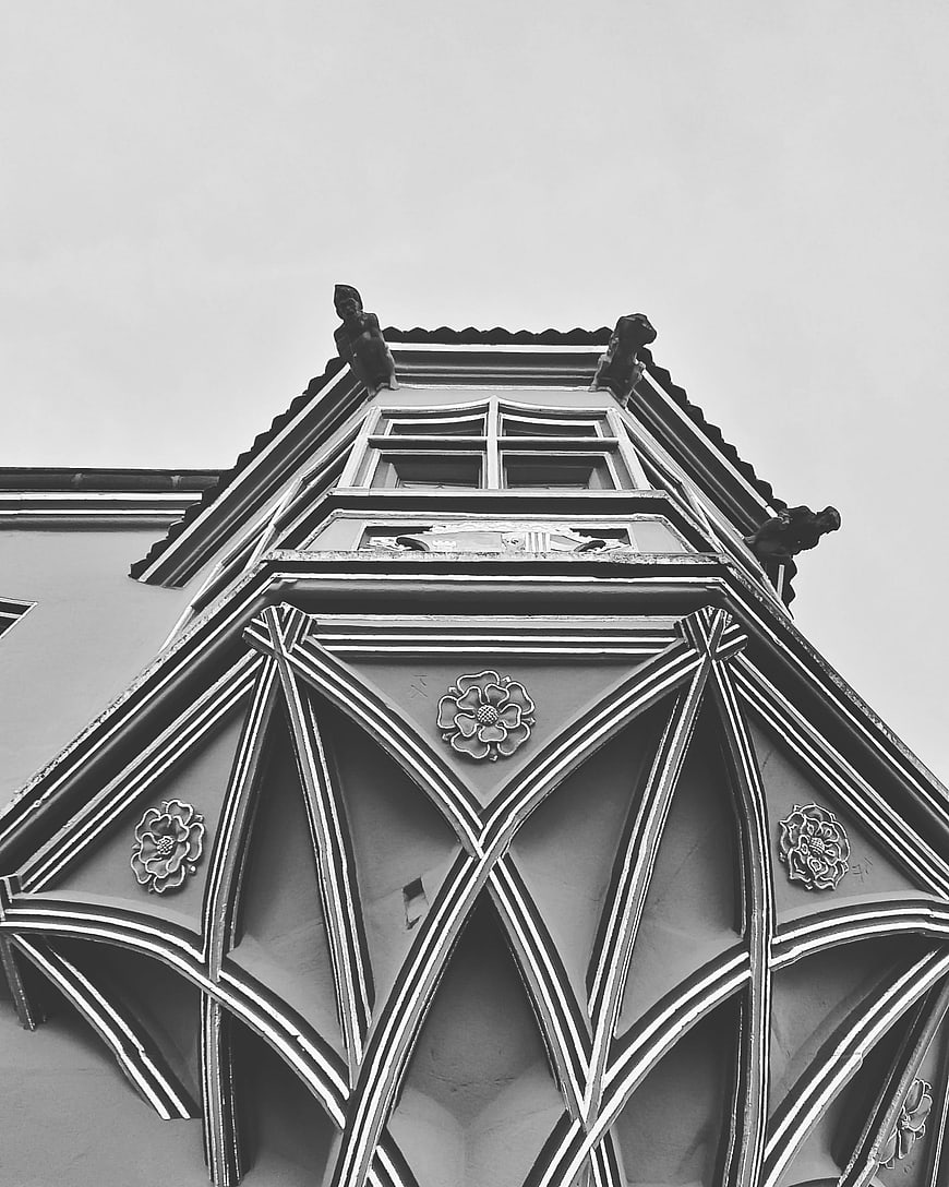Black and white gothic architecture detail with floral ornaments