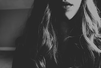 Moody Black and White Close-Up of Woman's Lips and Hair