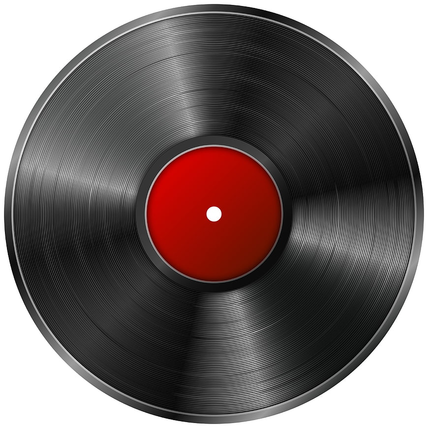 Black vinyl record with red label on white background