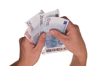 Hands holding euro banknotes on white background