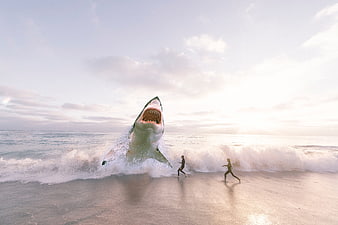 Giant shark jumping out of ocean wave chasing people on beach