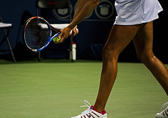 Tennis player holding racket and ball on court