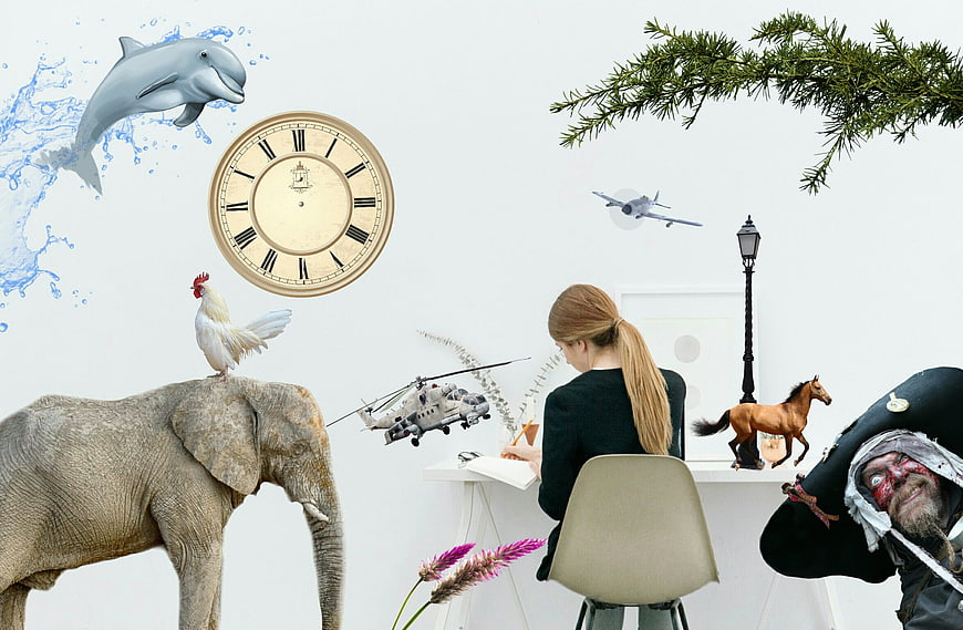Woman writing at desk surrounded by surreal collage of animals and objects