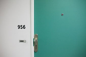 Teal Apartment Door with Number 956 and Silver Handle