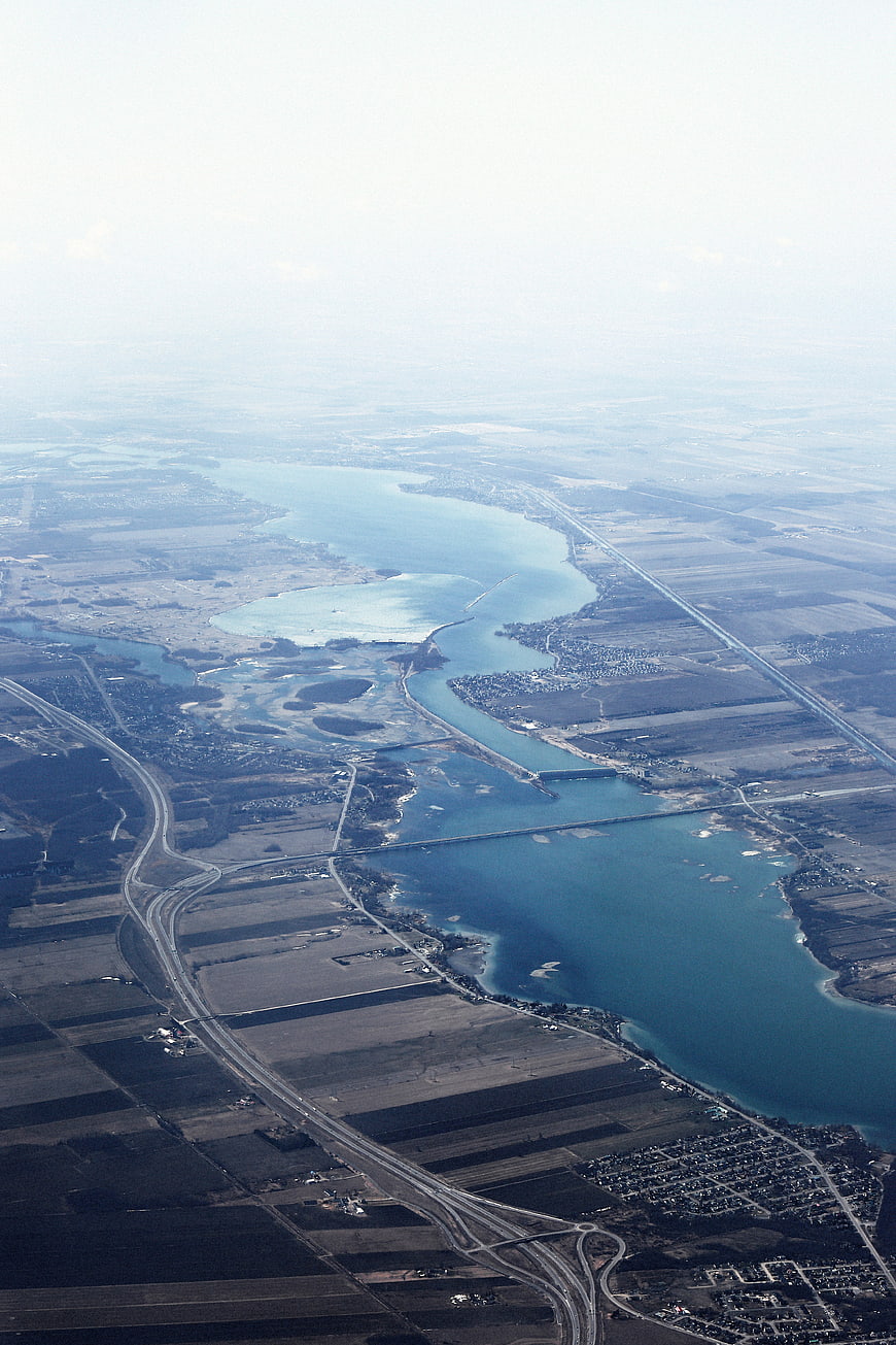 Aerial View of River, Highways, and Agricultural Fields