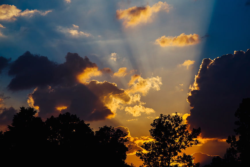 Dramatic sunset with sun rays through clouds and tree silhouettes