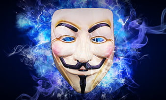 Guy Fawkes Mask with Blue Digital Smoke and Lightning