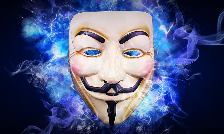 Guy Fawkes Mask with Blue Digital Smoke and Lightning
