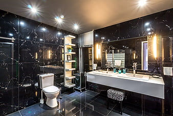 Luxurious Black Marble Bathroom Interior with Double Vanity