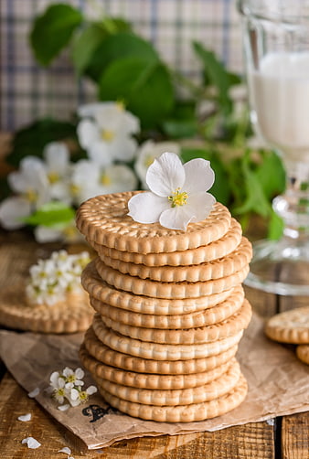 Stack of Round Biscuits with White Flower and Milk