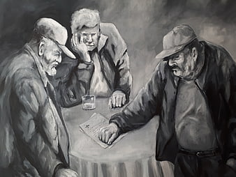 Oil painting of three elderly men playing cards at a table
