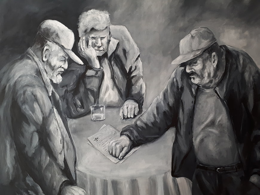 Oil painting of three elderly men playing cards at a table