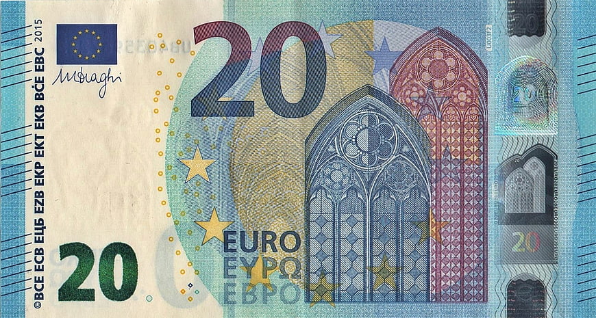 Close-up of 20 Euro Banknote with Gothic Architecture