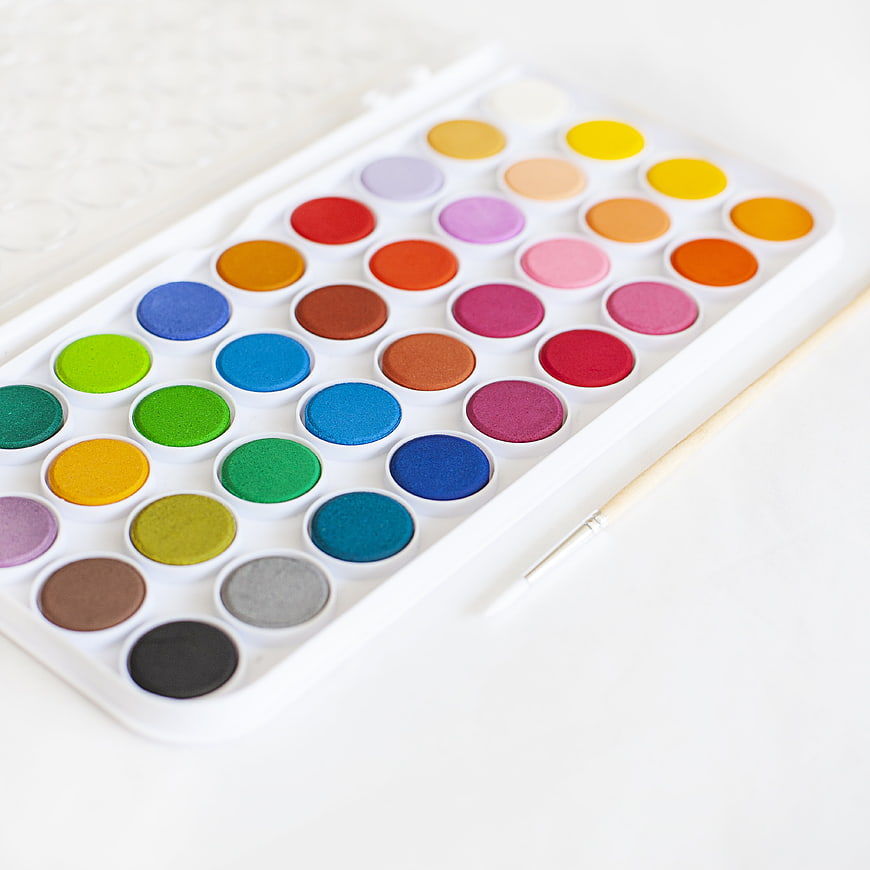 Colorful Watercolor Paint Palette with Brush on White Background