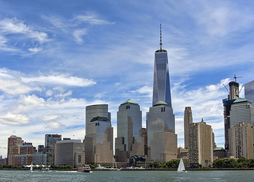 New York City Skyline with One World Trade Center and Sailboats