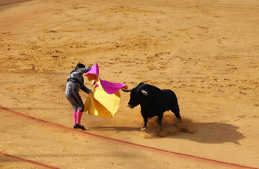 Bullfighter with colorful cape facing black bull in sandy arena