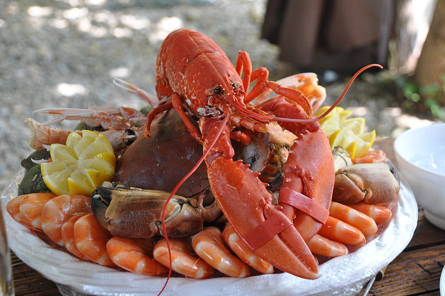 Gourmet seafood platter with lobster, crab, and shrimp