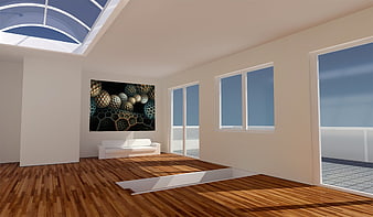 Modern 3D Interior Rendering with Skylight and Abstract Art