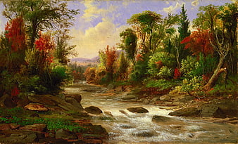Classic Hudson River School autumn landscape painting with stream
