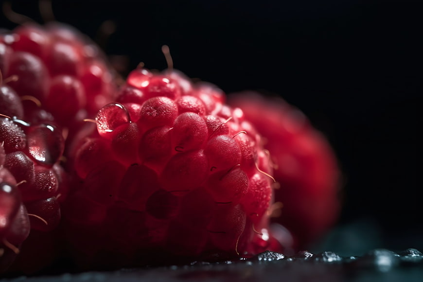 Macro Raspberry Close-Up with Water Droplets on Dark Background