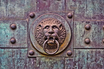 Vintage Lion Head Door Knocker on Weathered Metal Gate