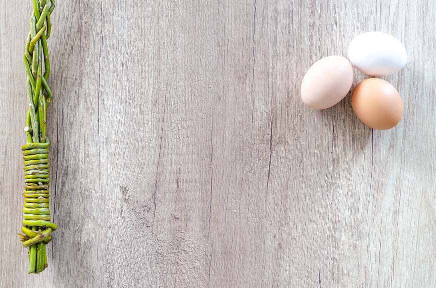 Easter Willow Branch and Eggs on Wooden Background