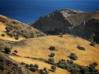 Scenic Mediterranean Hills with Dry Grass and Deep Blue Ocean
